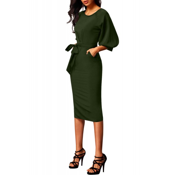 Army Green Puff Sleeve Belt Chiffon Pencil Dress