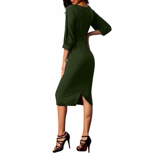 Army Green Puff Sleeve Belt Chiffon Pencil Dress