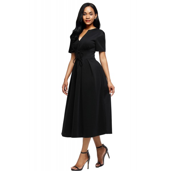 Black Split Neck Short Sleeve Midi Dress with Bowknots