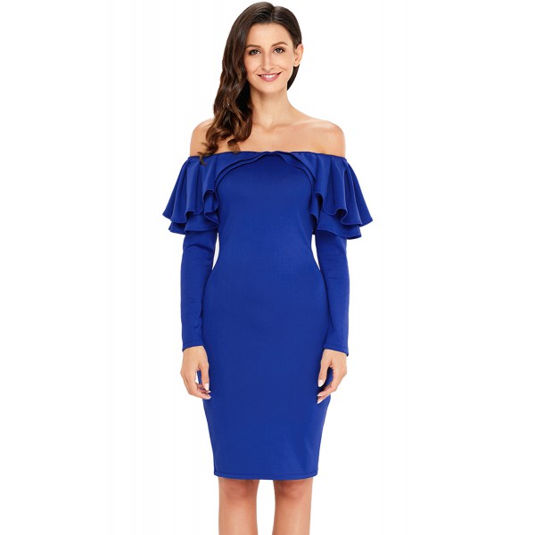 Royal Blue Ruffle Off The Shoulder Long Sleeve Bodycon Dress