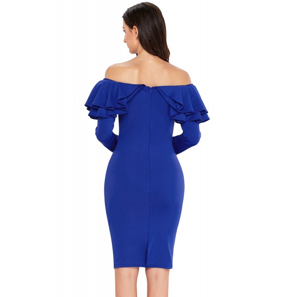 Royal Blue Ruffle Off The Shoulder Long Sleeve Bodycon Dress