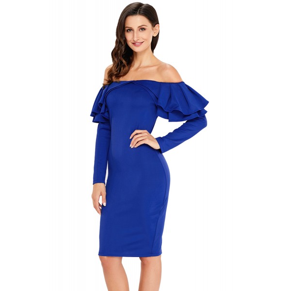 Royal Blue Ruffle Off The Shoulder Long Sleeve Bodycon Dress