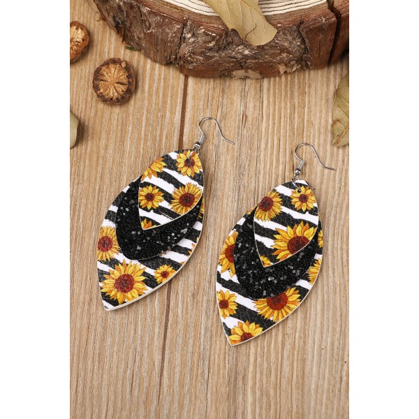 Leopard Sunflower Black Sequined Leaf Multi-Layered Leather Earrings