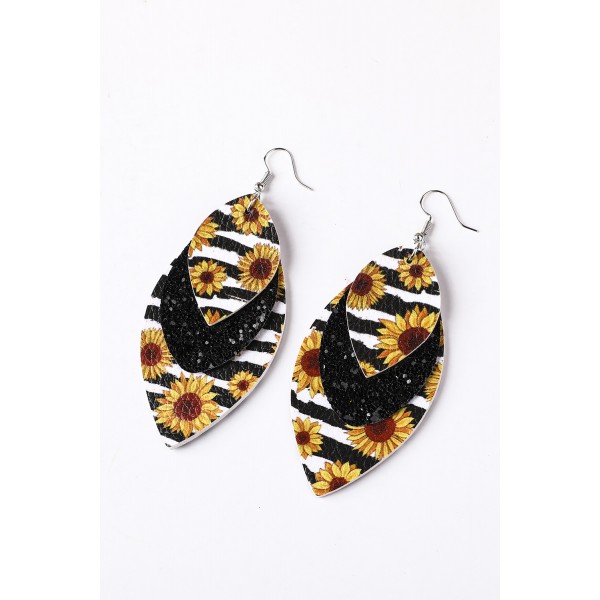 Leopard Sunflower Black Sequined Leaf Multi-Layered Leather Earrings