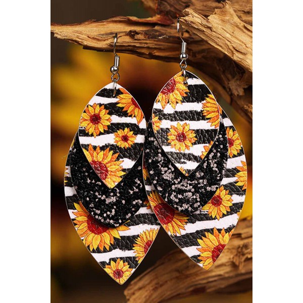 Leopard Sunflower Black Sequined Leaf Multi-Layered Leather Earrings