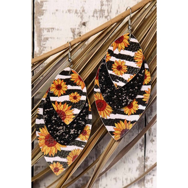 Leopard Sunflower Black Sequined Leaf Multi-Layered Leather Earrings