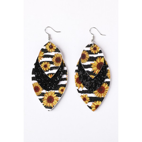 Leopard Sunflower Black Sequined Leaf Multi-Layered Leather Earrings