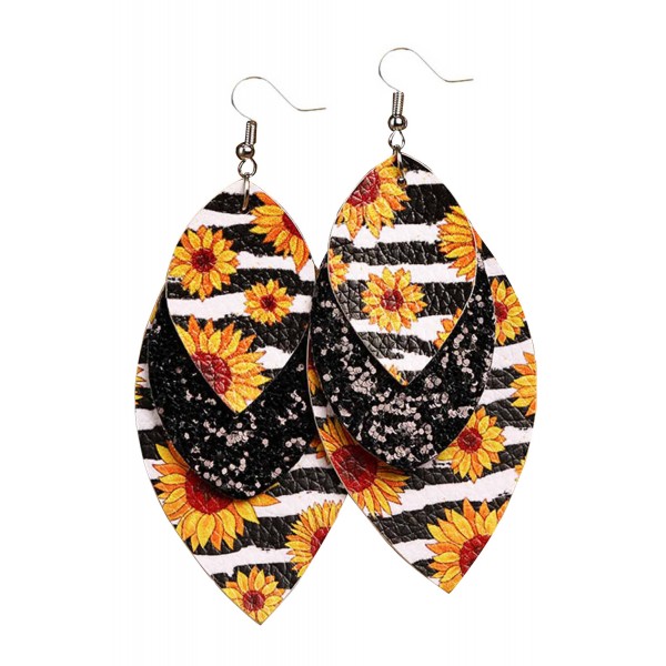 Leopard Sunflower Black Sequined Leaf Multi-Layered Leather Earrings