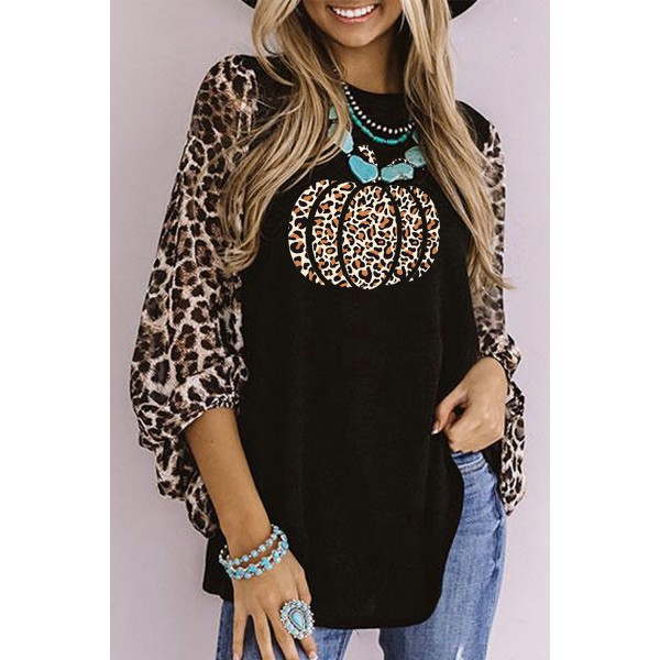 Leopard Pumpkin Print Splicing Long Sleeve Blouse