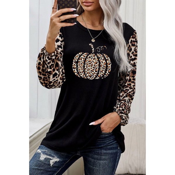 Leopard Pumpkin Print Splicing Long Sleeve Blouse