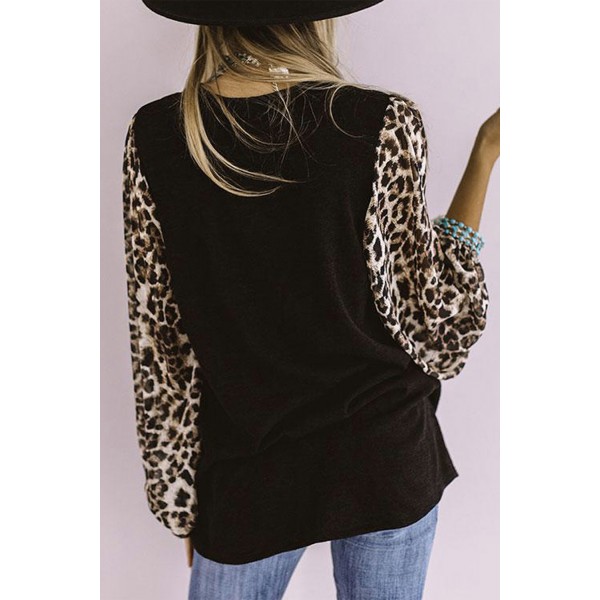 Leopard Pumpkin Print Splicing Long Sleeve Blouse