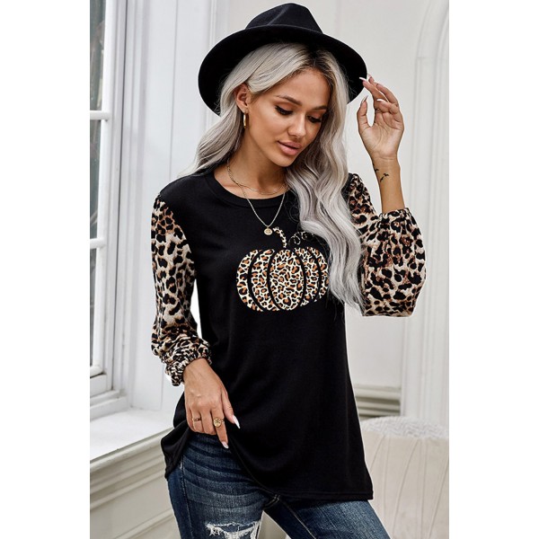 Leopard Pumpkin Print Splicing Long Sleeve Blouse