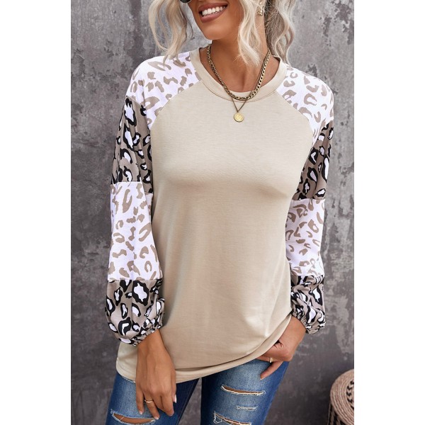 Apricot Leopard Print Bubble Sleeve Top