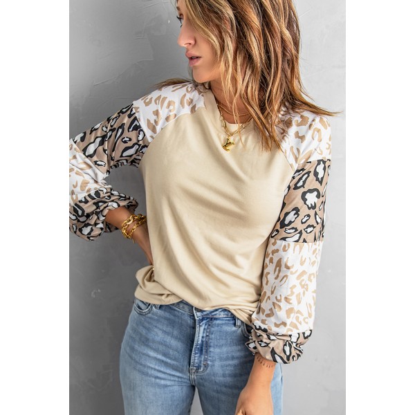 Apricot Leopard Print Bubble Sleeve Top