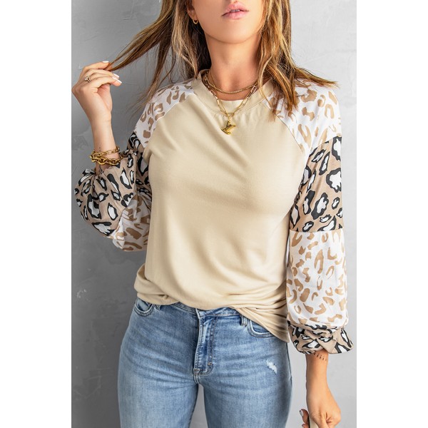 Apricot Leopard Print Bubble Sleeve Top