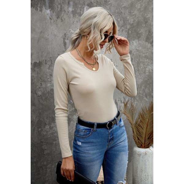 Khaki Split Round Neck Ribbed Knit Top