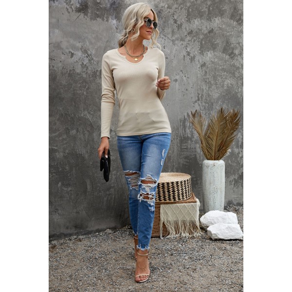 Khaki Split Round Neck Ribbed Knit Top