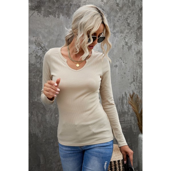 Khaki Split Round Neck Ribbed Knit Top